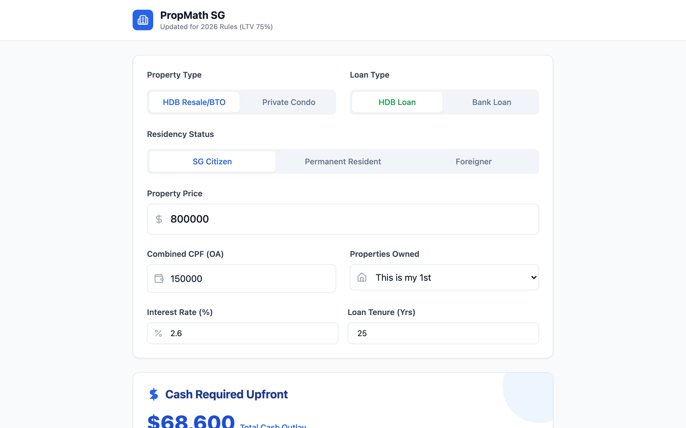 Screenshot of SG Property Calculator